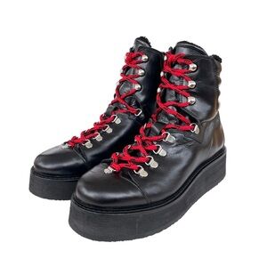 ALLSAINTS Fae Lace-Up Winter Hiker Boots, Black Leather, Red Laces, Wedge, EU 38